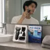 Philips black electric shaver and accessories, blue packaging box for men's beard trimming details Picture